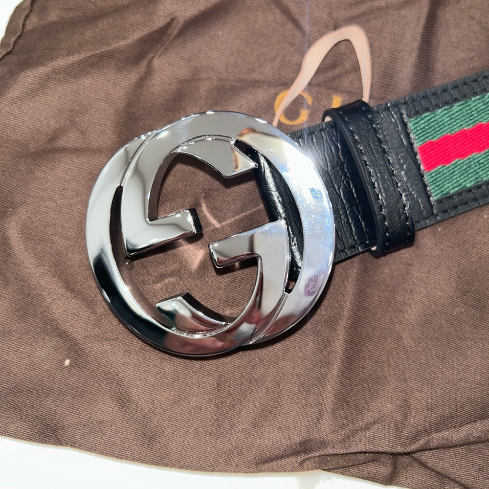 Gucci Silver Buckle Belt with Black and Green Stripes